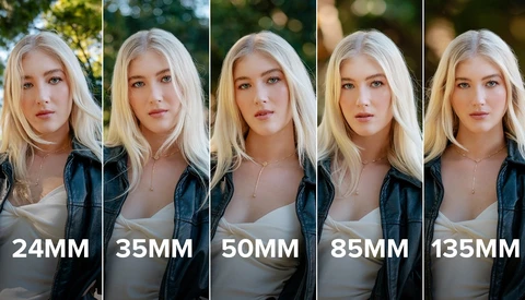 Portrait comparison showing the same woman photographed with five different focal lengths, ranging from 24mm to 135mm.