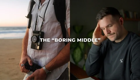 Split-screen comparison showing a photographer with camera gear at a beach and a man at a desk with text overlay reading 'The Boring Middle.'