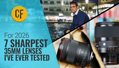Photography website graphic featuring a man with a camera and two 35mm lenses displayed against an urban waterfront backdrop.