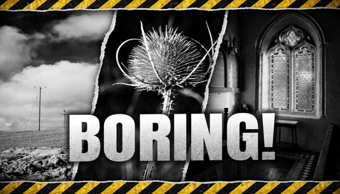 Composite graphic with three black and white photographs separated by yellow and black hazard stripes, with large white text reading "BORING!" overlaid in the center.