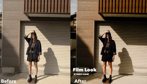 Before and after comparison showing film look color grading applied to portrait of person in black clothing against brick wall.