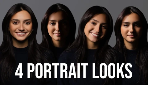 Four portrait headshots of women with long dark hair arranged horizontally against a gray background.