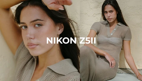 Portrait of a woman in a beige ribbed top shot with Nikon Z5II camera.