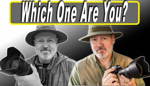 Two photographers wearing cowboy hats holding telephoto lenses against a gray background.