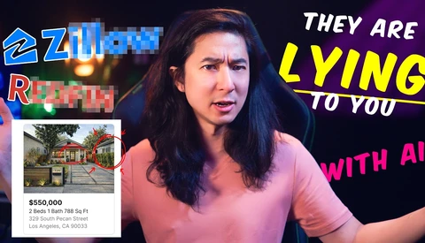 Screenshot of a video thumbnail featuring a person in a pink shirt with text overlays discussing AI and real estate listings.