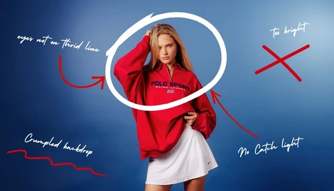 Woman in red jacket posing against blue background with circular light and annotated lighting diagram.