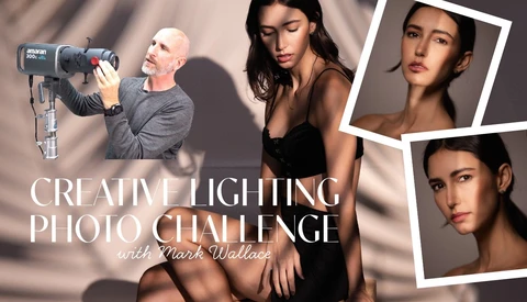 Photography instructor demonstrating studio lighting technique with professional light modifier and model.