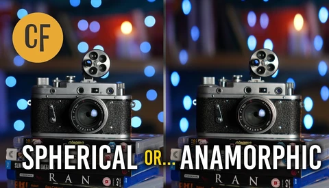 Graphic comparing spherical and anamorphic lens optical properties with vintage rangefinder camera.