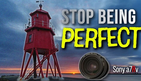 Red lighthouse against dramatic sunset sky with camera lens overlay and motivational text.