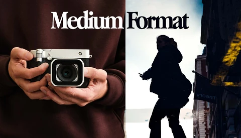 Graphic comparing medium format photography: left side shows hands holding a compact film camera, right side shows silhouetted figure with camera on urban rooftop.