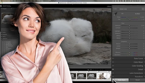 Screenshot of photo editing software showing a portrait of a woman with a white fluffy animal in the background.