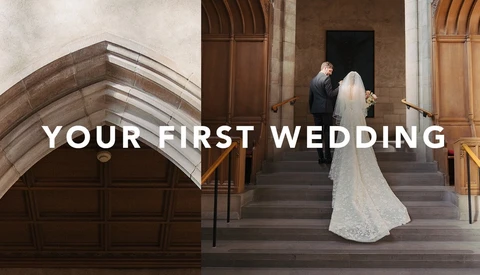 Bride in lace gown and groom on stone church steps with text overlay reading 'YOUR FIRST WEDDING.'