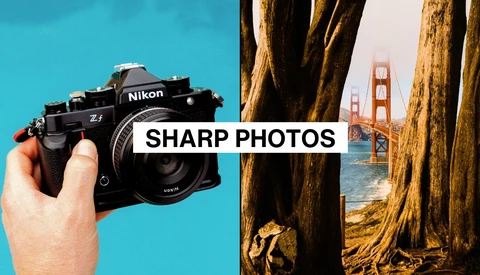Nikon Z1 camera held in hand against blue background, with Golden Gate Bridge framed through tree trunks in separate shot.