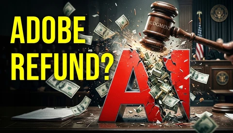 Graphic illustration of a gavel striking an AI letter amid flying money and documents in a courtroom setting.