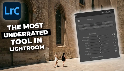 Adobe Lightroom interface showing the Transform panel with adjustment sliders overlaid on a photograph of a stone building.