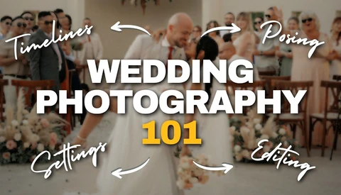 Graphic titled "Wedding Photography 101" with four labeled arrows pointing to key topics: Timeliness, Posing, Settings, and Editing.