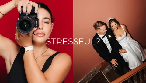 Professional photographer holding camera up to face against red background while text overlay reads 'STRESSFUL?'