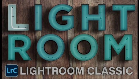 Graphic displaying "LIGHT ROOM" in large turquoise 3D letters on a wood texture background, with Lightroom Classic logo below.
