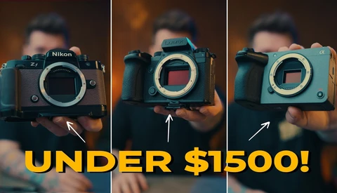 Three camera bodies displayed side-by-side, each held by a person against a warm-toned backdrop.