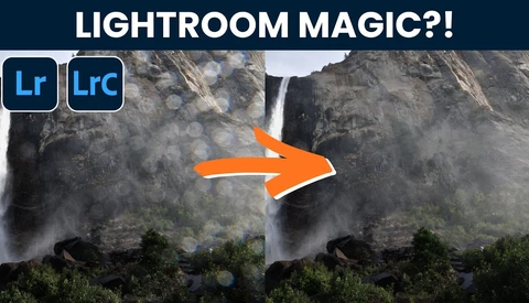 Before and after comparison of a waterfall landscape showing increased contrast and clarity in the processed version.