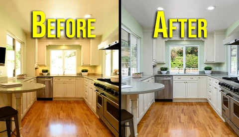 Kitchen renovation before and after comparison showing transformation from warm wood tones to bright white cabinetry.