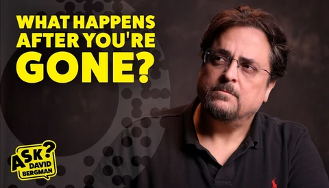 Man wearing glasses and dark shirt against dark background with yellow text overlay asking 'What happens after you're gone?' and a logo for 'SK with David Bergman'.