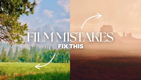 Graphic comparing film mistakes with arrows pointing between a lush forest landscape and a desert landscape.