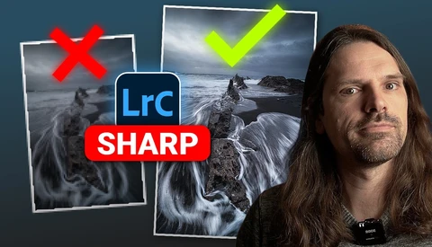 Graphic comparing Lightroom Classic editing results with a red X marking an unfocused image and green checkmark marking a sharp coastal landscape.