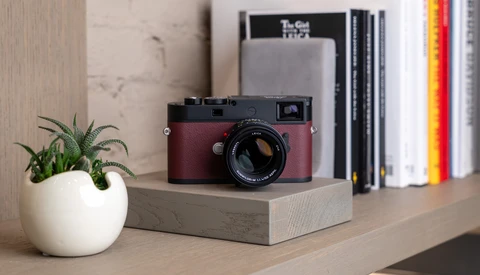 Burgundy rangefinder camera displayed on a light wood block beside photography books and a potted plant.