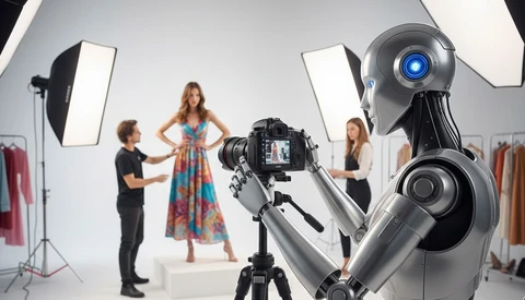 Robot operating a professional camera in a studio photography session with a model and crew.