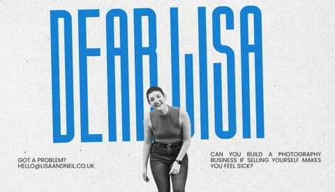 Graphic poster featuring a woman in casual clothing against vertical blue stripes with overlaid text