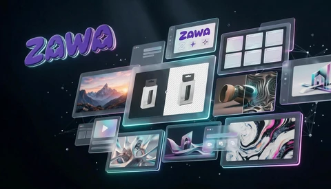 Graphic illustration of the Zawa app interface with floating window panels displaying photography and design content against a dark starry background.