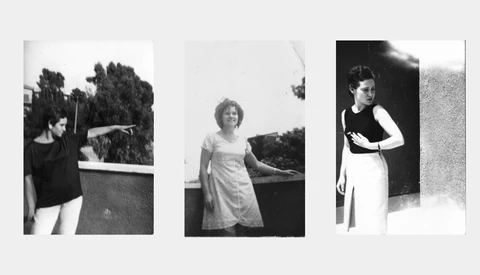 Three black and white portrait photographs of women in casual poses outdoors