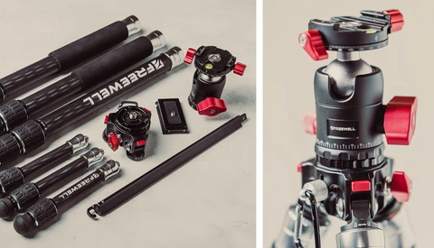 Professional camera tripod with ball head and red accents displayed alongside carbon fiber tripod legs and accessories