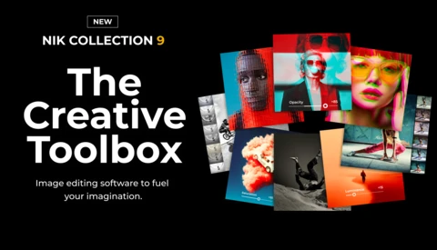 Graphic showing Nik Collection 9 software box with vibrant sample images displaying various photo editing effects and styles.