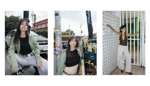 Three fashion styling photos showing a woman in coordinated outfits with neutral tones and layered pieces.