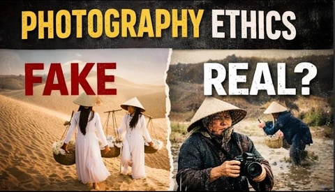 Graphic contrasting staged versus authentic photography examples, labeled fake and real.
