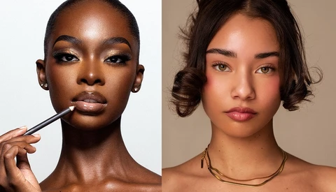 Two beauty portraits showcasing different makeup techniques and skin tones side by side.