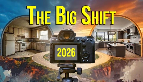 Professional camera on tripod positioned between two kitchen interiors with dramatic sky and landscape background, with '2026' displayed on camera screen.