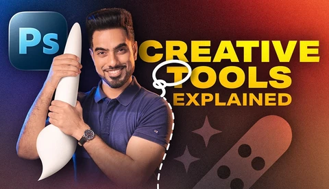 Graphic featuring man holding Photoshop brush tool icon next to text 'Creative Tools Explained.'.