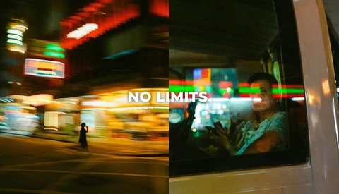 Split-screen composition showing blurred neon-lit street scene with "NO LIMITS" text overlay and portrait of person in vehicle.