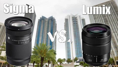 Sigma and Lumix zoom lenses displayed side-by-side against an urban skyline backdrop.