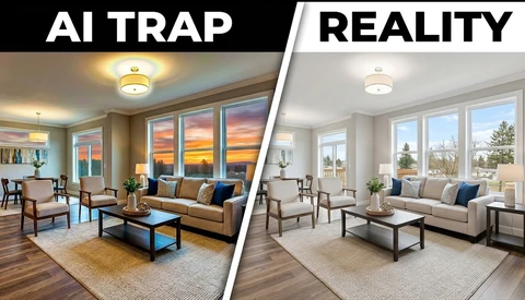 Side-by-side comparison of the same living room showing AI-generated versus realistic photography rendering.