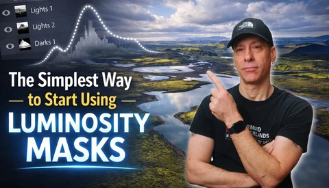 Screenshot of luminosity mask tutorial with histogram overlay and landscape photo demonstration.