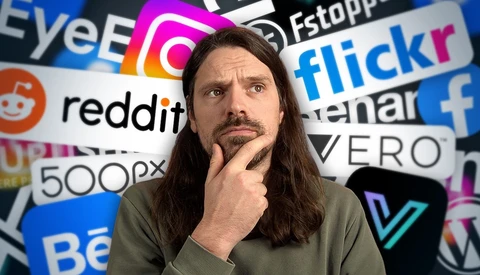 Man with long dark hair in contemplative pose against social media platform logos backdrop.