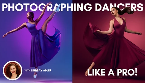 Two dancers in flowing gowns leap against gradient purple and red studio backgrounds.
