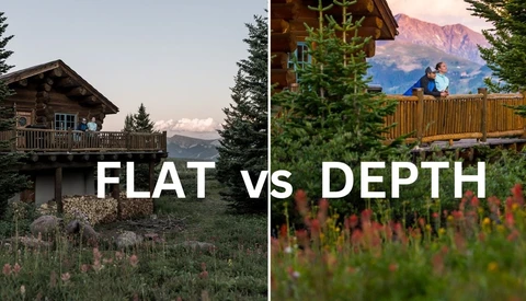 Side-by-side comparison of landscape photography techniques: flat perspective versus depth layering with foreground, middle ground, and background elements.