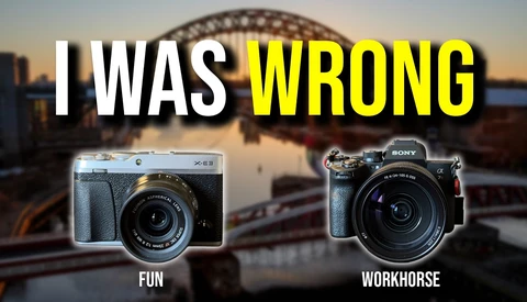 Meme comparing two cameras side by side with a bridge at sunset in the background.