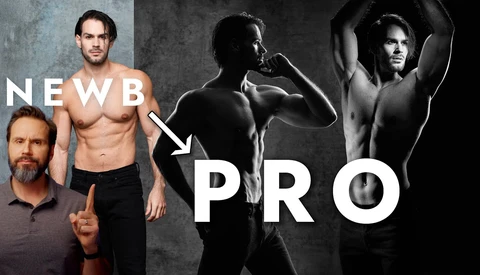 Before-and-after fitness transformation comparison showing three male subjects in different lighting setups.