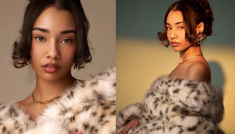 Side-by-side portrait comparison showing a woman wearing a spotted fur garment against neutral and warm-toned backgrounds.